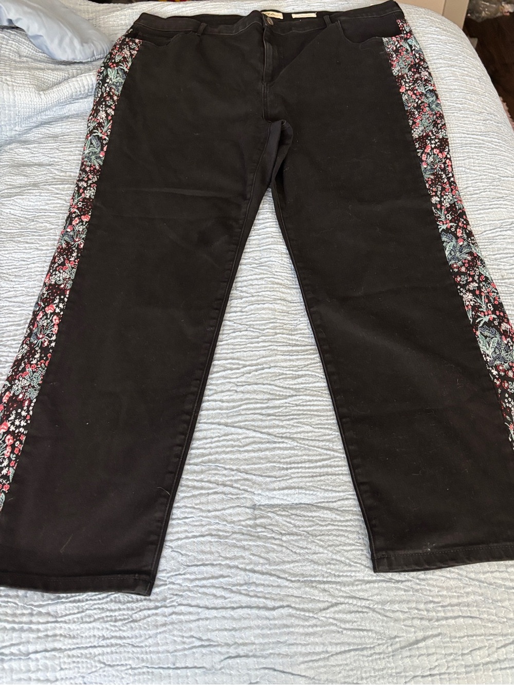 LOGO by Lori Goldstein Floral Side Stripe Straight Leg Jeans Black Plus Size 24W